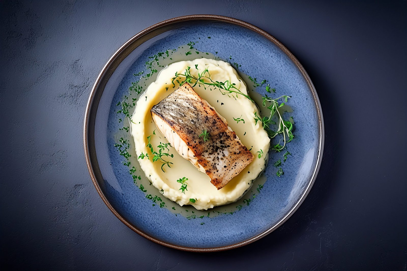 Modern style traditional fried skrei cod fish filet with mashed potatoes and glasswort served as top view on ceramic design plate with copy space